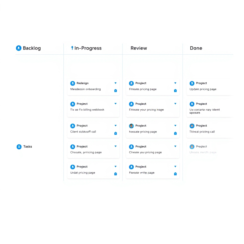 Flowlane dashboard showing a Kanban board with Backlog, In Progress, Review and Done columns